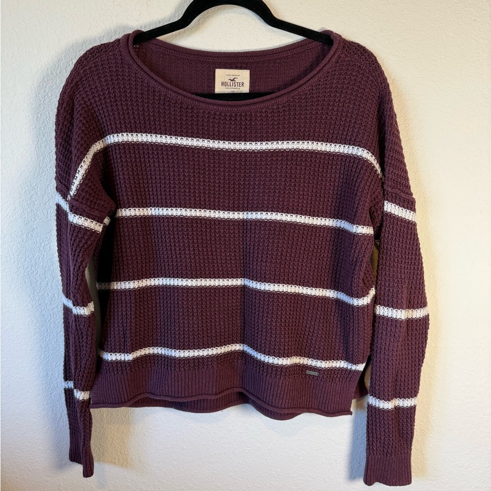 Hollister Plum Waffle-Knit Crew Sweater with White Stripes XS Oversized